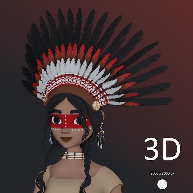 Garota nativa americana psd com cocar chefe em perfil ilustração renderizada em 3d
