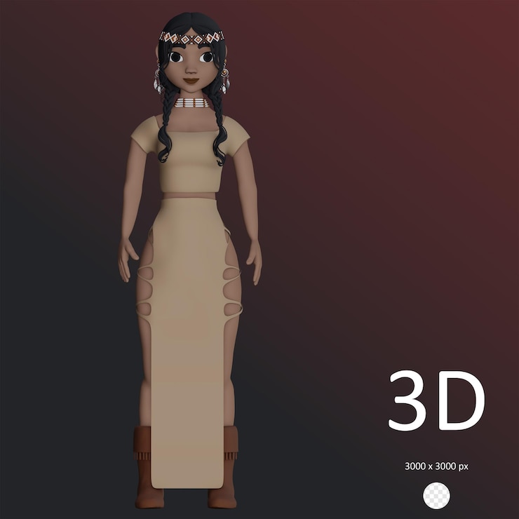 PSD garota nativa americana psd em vestido tradicional ilustração renderizada em 3d