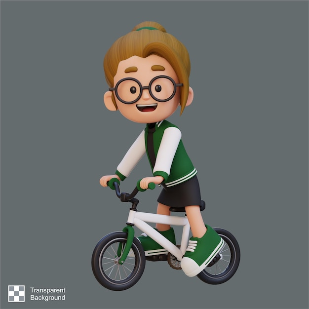 PSD garota personagem 3d andar de bicicleta ir para a escola