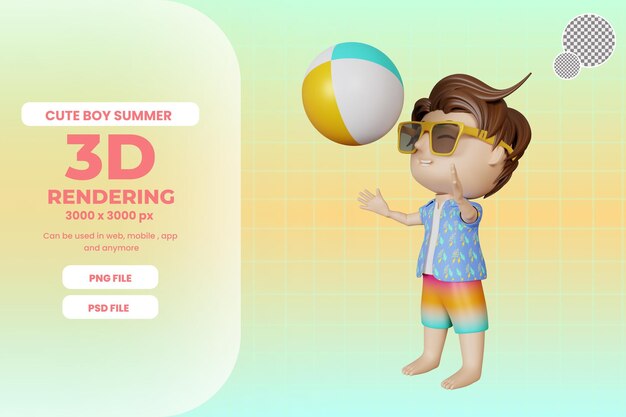 Garoto bonito de renderização 3D no verão com bola