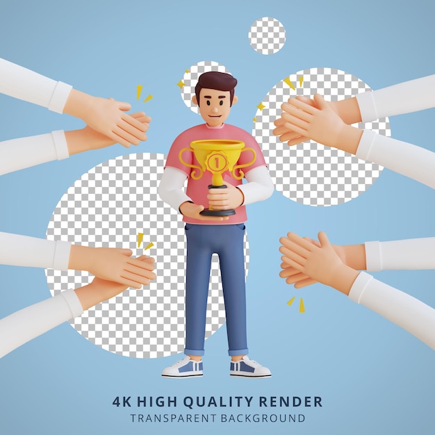 Garoto segurando uma ilustração de personagem 3D de troféu