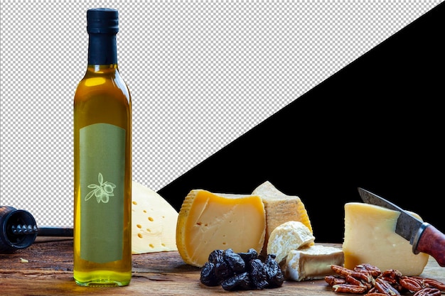 Garrafa de azeite e queijo