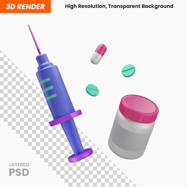 PSD garrafa de medicamento seringa bomba saúde 3d objeto renderizado isolado fundo transparente