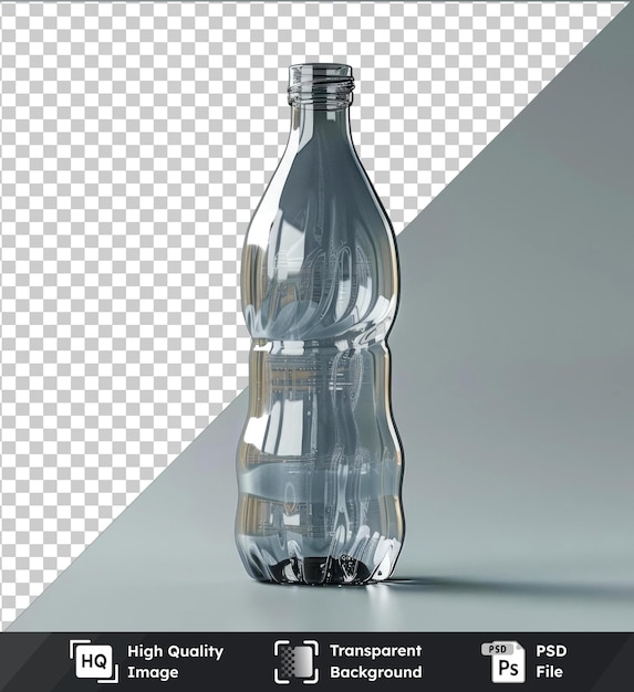 PSD garrafa de plástico de objeto transparente em um fundo cinza com uma sombra escura em primeiro plano