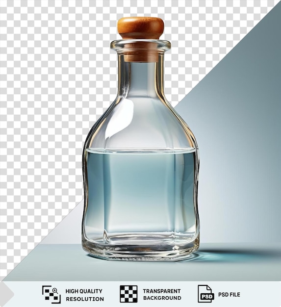 PSD garrafa de vinagre premium e vidro em mesa com fundo transparente acompanhado de um papel azul e branco png