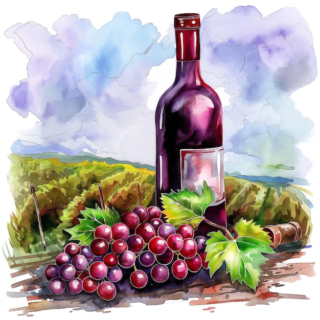 PSD garrafa de vinho vermelho com uvas em aquarela de desenho de jardim