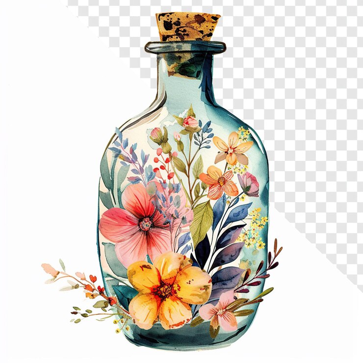 PSD garrafa floral mágica em aquarela 3d clipart em fundo transparente