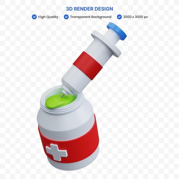 Garrafa médica de renderização 3d aberta com líquido e injeção isolada