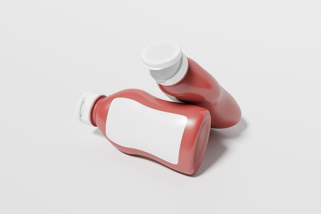 Garrafas de ketchup numa superfície branca
