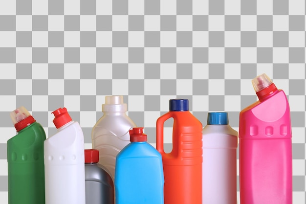 Garrafas de limpeza de primavera com detergentes isolados em um espaço de fundo branco para texto PNG