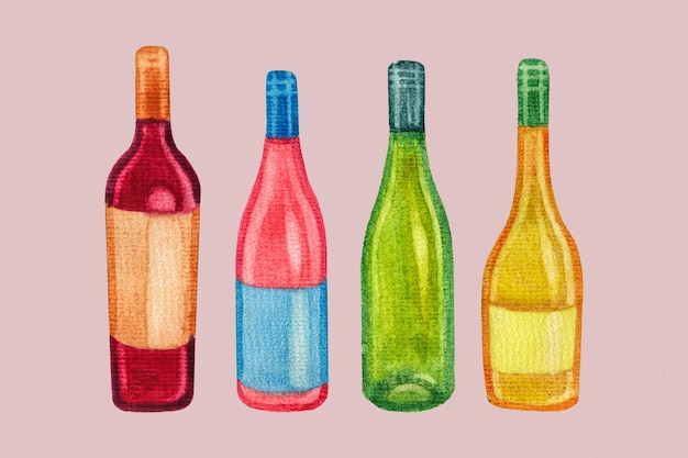 garrafas de vinho pintadas com aquarela