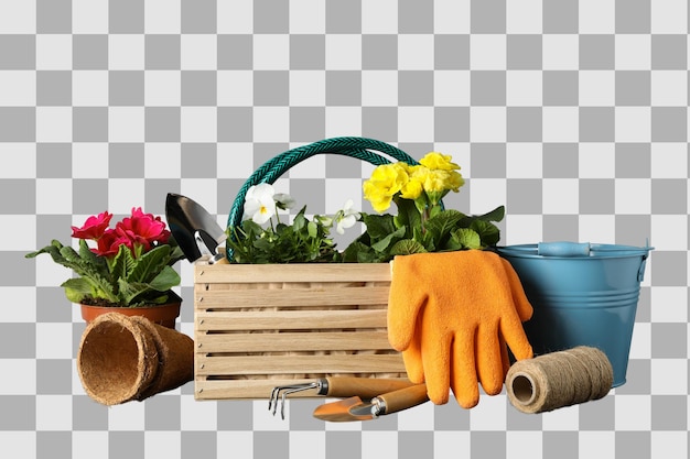 Gartenarbeit Farbige Blumen und Werkzeuge, ordentlich angeordnet für Pflanzungsaktivitäten, isoliert auf weißem PNG