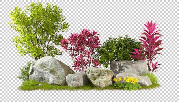 PSD gartenpflanzen und blumige komposition mit realistischem, felsentransparentem hintergrund 3d-rendering
