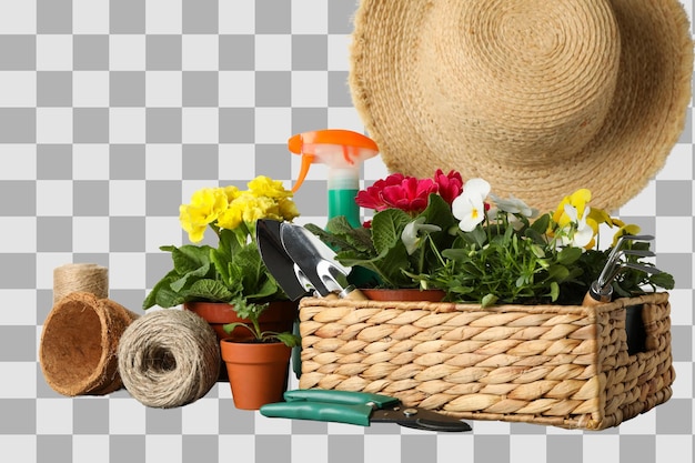 Gartenwerkzeuge, Blumen und Töpfermittel, die zur Pflanzung auf weißem PNG isoliert angeordnet sind