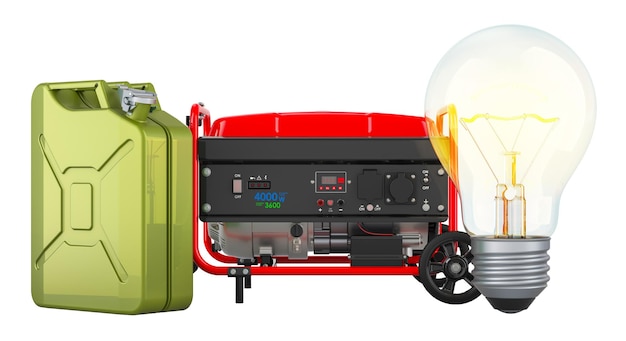 Gasoline generator with jerrycan and light bulb 3D rendering isolated on transparent background