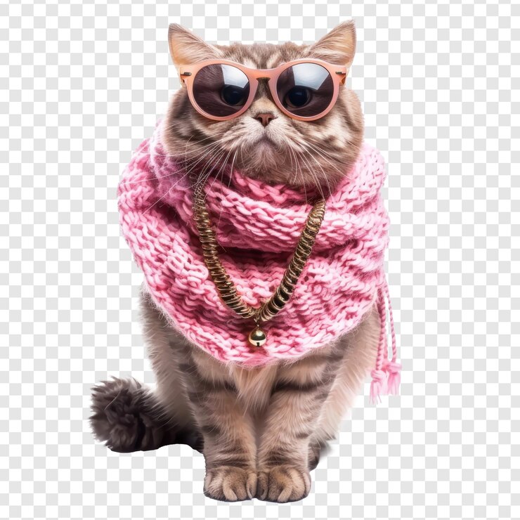 PSD gata de moda con bufanda y collar con gafas de sol en fondo transparente psd