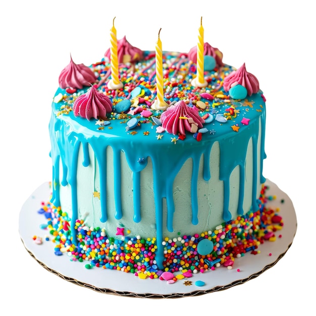 Gâteau D'anniversaire Avec Une Goutte De Ganache Bleue Et Des éclaboussures Colorées Isolées Sur Un Fond Blanc