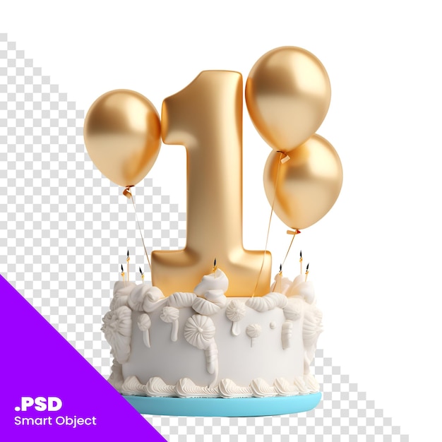 PSD gâteau d'anniversaire numéro un avec bougies et ballonsrendu 3d isolé sur fond blanc modèle psd