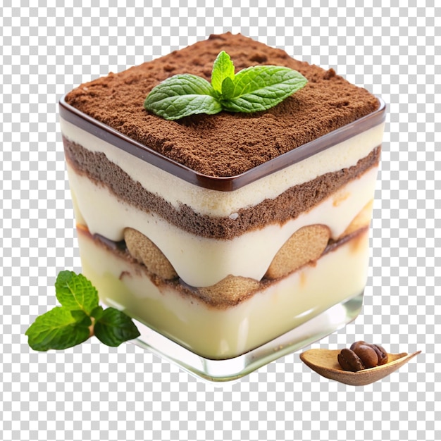 PSD un gâteau avec des couches blanches et brunes et une feuille verte sur un fond transparent