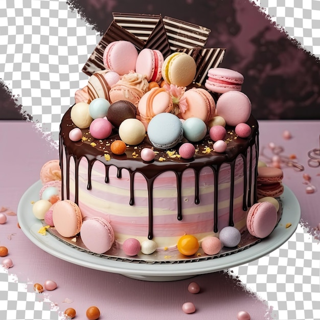 PSD gâteau avec décorations en chocolat aux côtés de macarons sur fond transparent