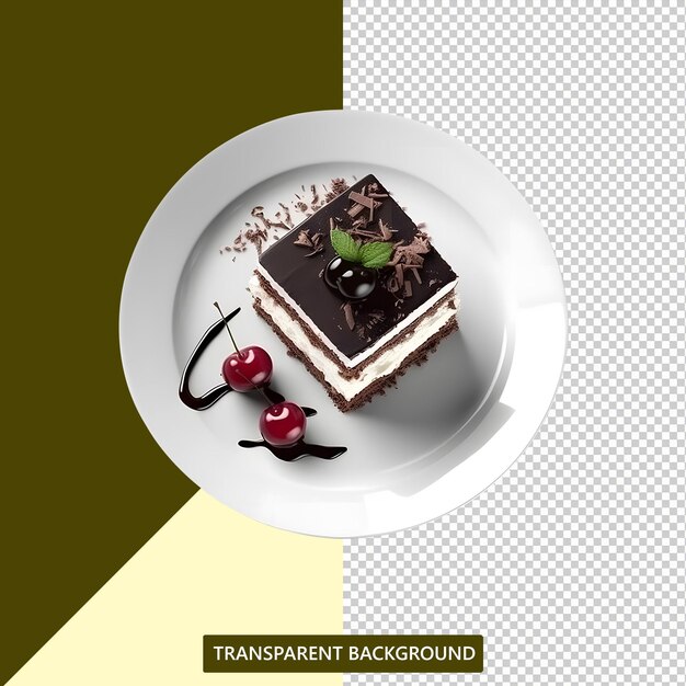 PSD gâteau forêt-noire servi magnifiquement avec des cerises sur fond transparent