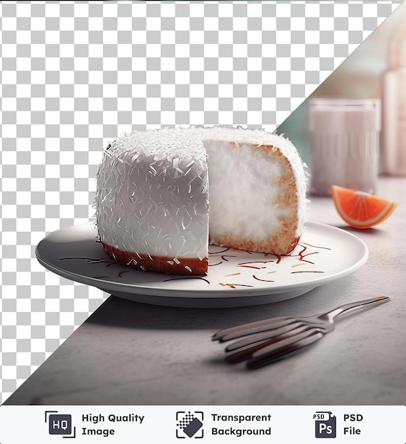 PSD gâteau de noix de coco tendre servi sur une assiette blanche avec une fourchette argentée accompagné d'un verre transparent et d'un bol blanc sur une table grise avec une ombre sombre en arrière-plan