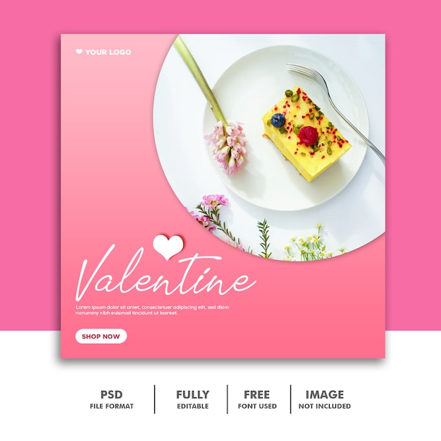 PSD gâteau saint valentin bannière médias sociaux publier nourriture rose délicieux