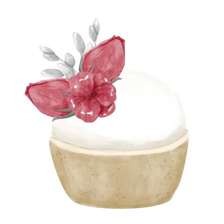 PSD un gâteau à la vanille avec du beurre à la crème glacée, des fleurs rouges comestibles et des feuilles vertes, une aquarelle.