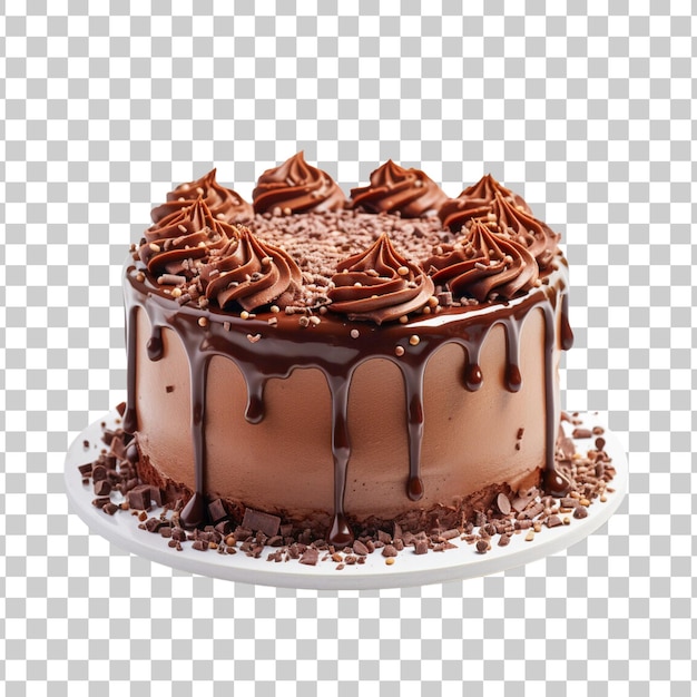 PSD gâteau versé avec du chocolat et décoré de différents biscuits sur un fond transparent