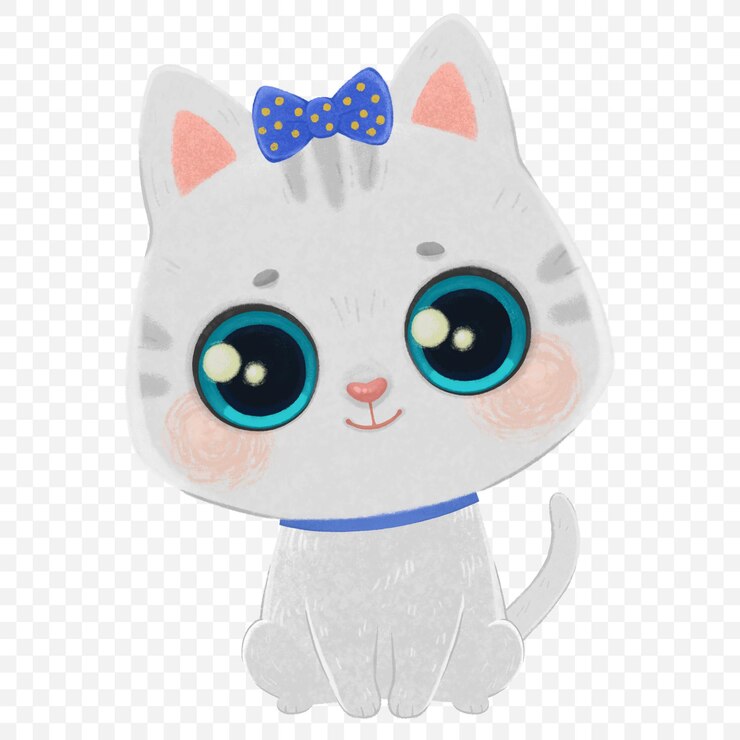 PSD gatinho branco bonito com olhos azuis com laço e colarinho azuis desenho de desenho animado infantil com gato
