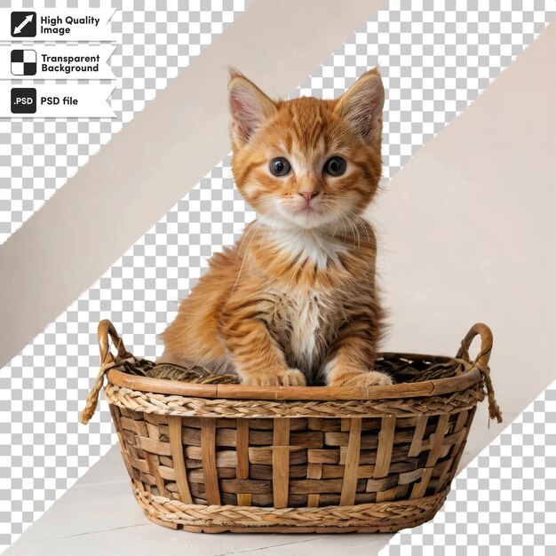 Gatinho PSD em uma cesta em fundo transparente com camada de máscara editável