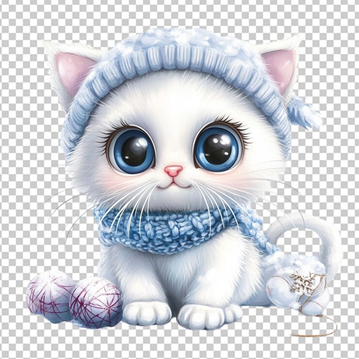 PSD un gatito de dibujos animados blanco con ojos grandes rodeado en un fondo transparente