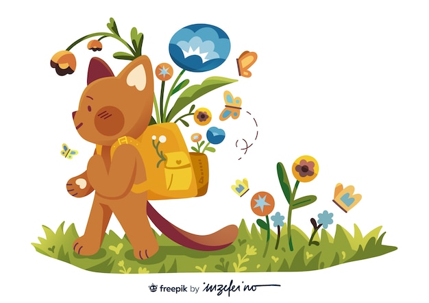 PSD gatito con flores en la bolsa