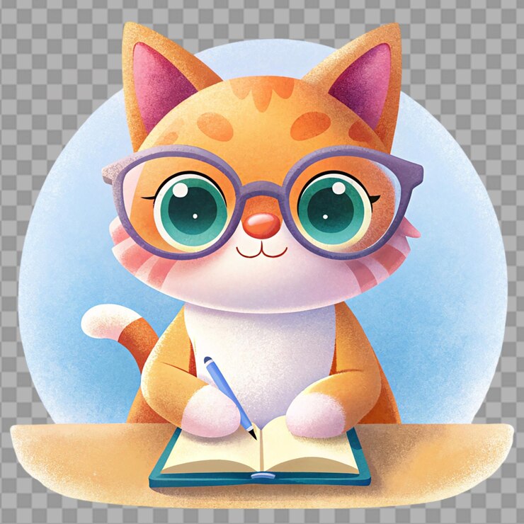 PSD un gatito con gafas hace su tarea y sonríe en un fondo transparente