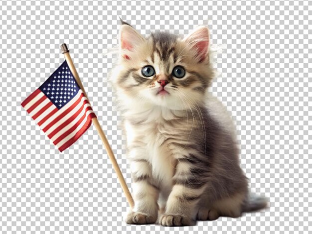 PSD un gatito lindo celebrando el día de la independencia el 4 de julio con la bandera de los estados unidos