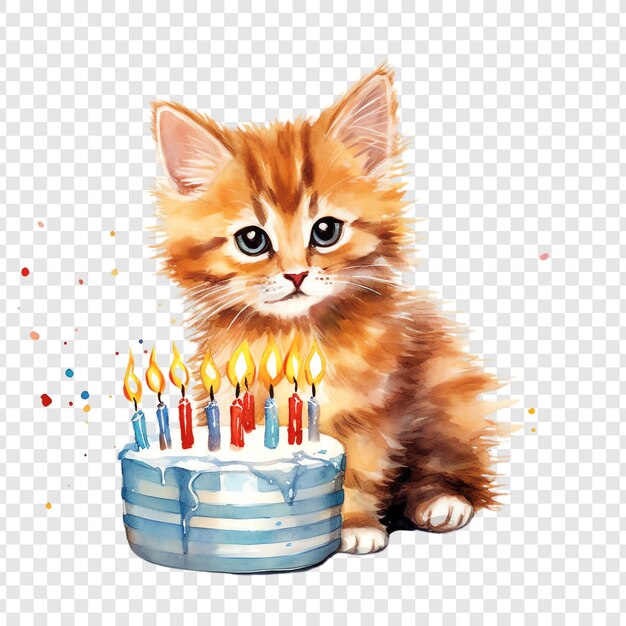 PSD un gatito con un pastel de cumpleaños y un pastel de cumpleaños con el número 3 en él