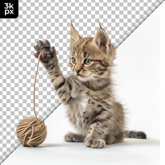 Un gatito está sosteniendo una pelota con una pelota de hilo en ella