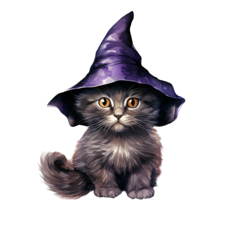 PSD un gatito vestido como un mago con un sombrero púrpura
