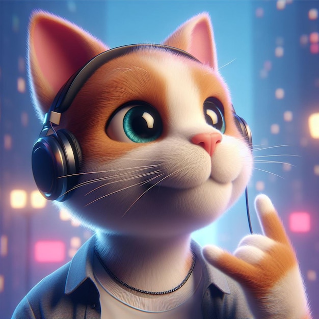 PSD el gato 3d y el oyente de música animal antropomórfico