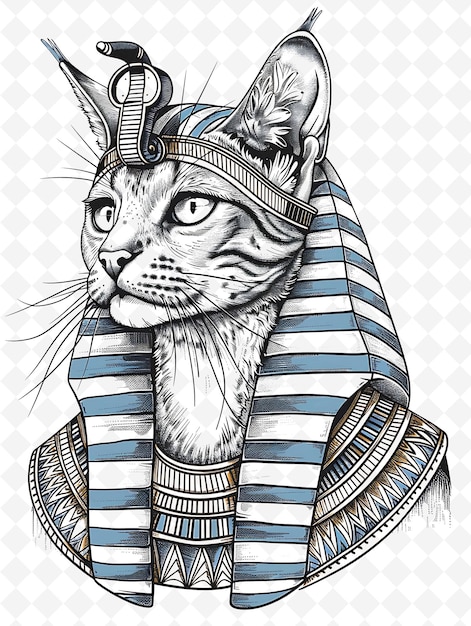 PSD gato abissiniano em uma capela de faraó olhando para animais reais e exóticos sketch art vector collections