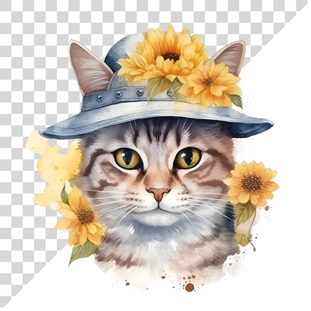 PSD gato de acuarela de dibujos animados con girasol en un fondo transparente