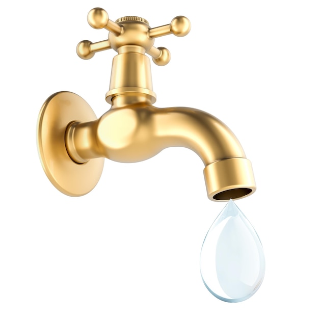 Gato de agua de cobre o latón dorado con goteo de goteo 3D aislado en fondo transparente