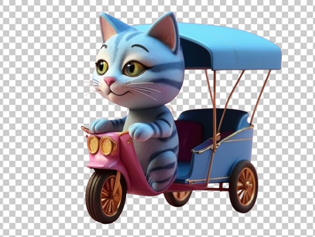 PSD gato azul 3d con cara sonriente en un rickshaw