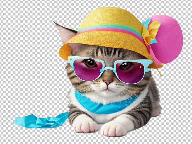 PSD un gato bebé con un colorido sombrero de fiesta de verano