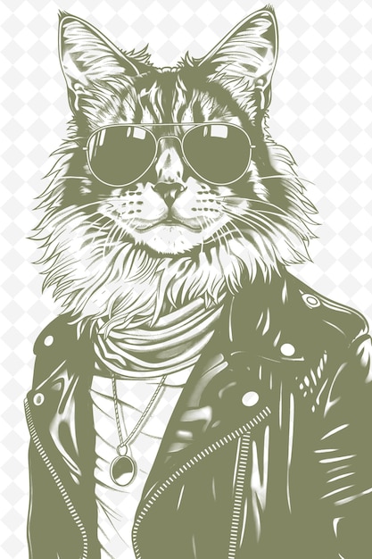 Gato de bengala con una chaqueta de cuero y gafas de sol de aviador mira animales dibujo arte colecciones vectoriales