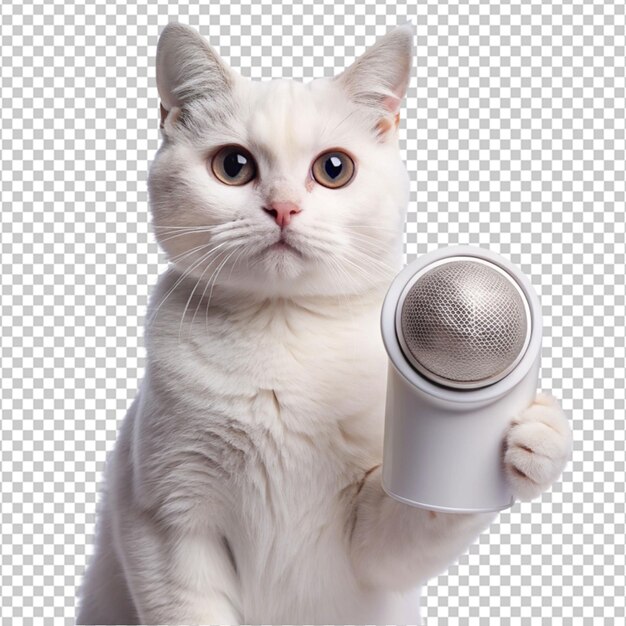 gato blanco anunciando usando el altavoz de la mano en un fondo transparente