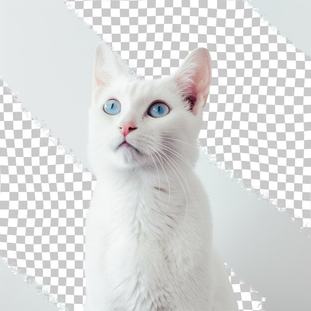 PSD un gato blanco con ojos azules y una nariz rosa está mirando hacia arriba