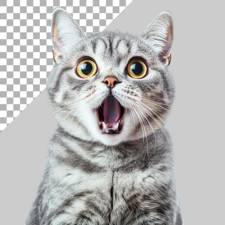 PSD un gato con la boca abierta y la expresión sorprendida de fondo blanco