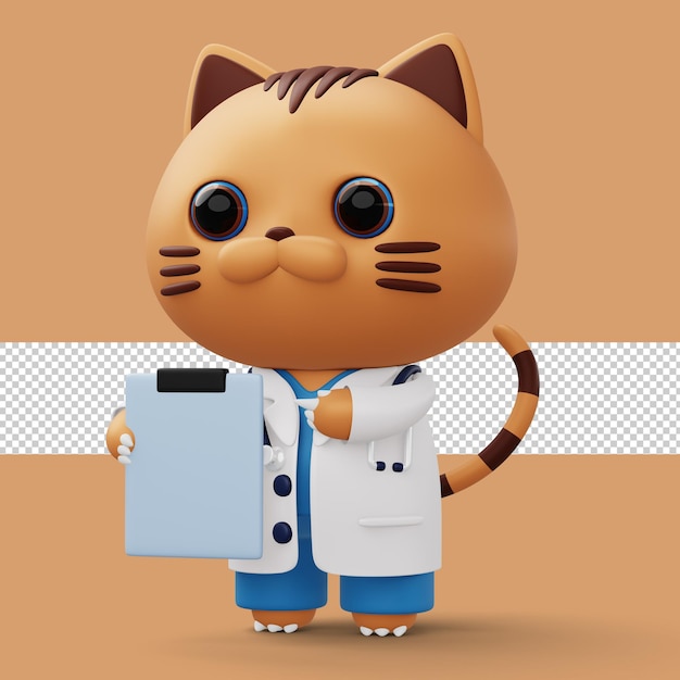 PSD gato bonito médico 3d personagem de gato de desenho animado renderização em 3d