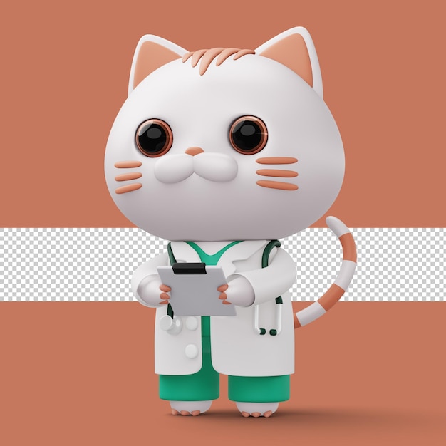 Gato bonito médico 3d personagem de gato de desenho animado renderização em 3d